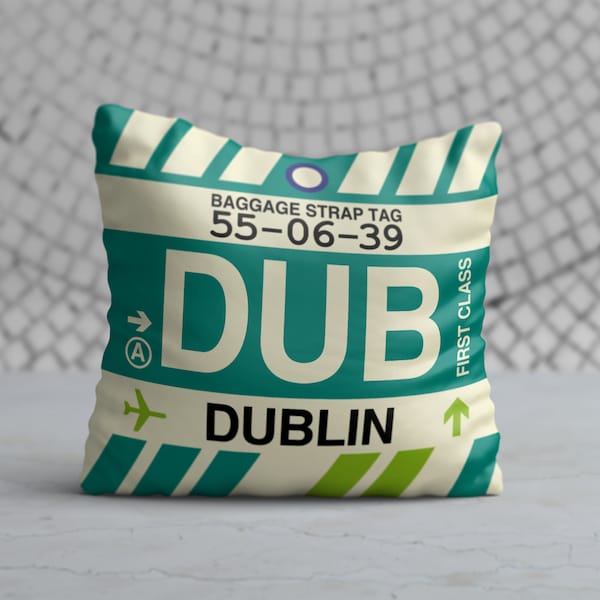 DUBLIN Throw Pillow • Vintage Baggage Tag Design with the DUB Airport Code • Perfect Souvenir Gift for Ireland Lovers