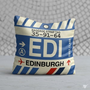 EDINBURGH Scotland Throw Pillow • EDI Airport Code • Travel Souvenir / Aviation Gift / Wanderlust Decor / Location Art / Vacation Memento