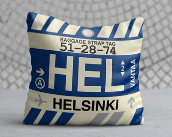 HELSINKI Throw Pillow • Vintage Baggage Tag Design with the HEL Airport Code • Perfect Souvenir Gift for Finland Lovers