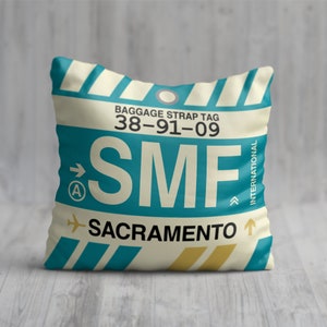 SACRAMENTO California Throw Pillow • SMF Airport Code • Travel Souvenir / Aviation Gift / Wanderlust Decor / Location Art / Vacation Memento