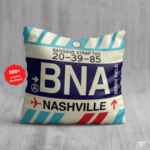 NASHVILLE Tennessee Throw Pillow • BNA Airport Code • Travel Souvenir / Aviation Gift / Wanderlust Decor / Location Art / Vacation Memento