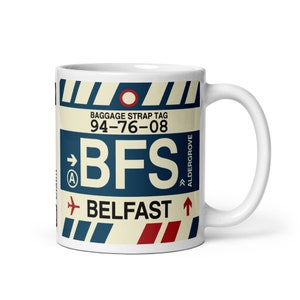 BELFAST Northern Ireland Coffee Mug • BFS Airport Code • Travel Souvenir / Aviation Gift / Wanderlust Memento / Location Artwork / Keepsake