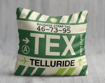 TELLURIDE Throw Pillow • Vintage Baggage Tag Design with the TEX Airport Code • Perfect Souvenir Gift for Colorado Lovers