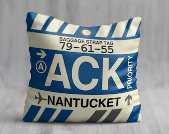 NANTUCKET Massachusetts Throw Pillow • ACK Airport Code • Travel Souvenir / Aviation Gift / Wanderlust Decor / Location Artwork / Memento
