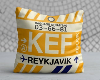 REYKJAVIK Iceland Throw Pillow • KEF Airport Code • Travel Souvenir / Aviation Gift / Wanderlust Decor / Location Artwork / Vacation Memento