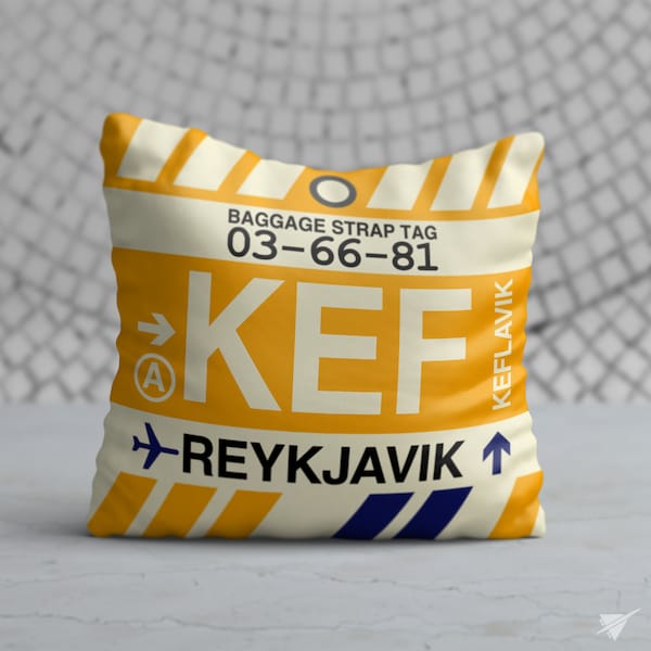 REYKJAVIK Throw Pillow • Vintage Baggage Tag Design with the KEF Airport Code • Perfect Souvenir Gift for Iceland Lovers
