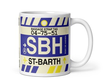 SAINT BARTHÉLEMY Coffee Mug • SBH Airport Code • Travel Souvenir / Aviation Gift / Wanderlust Memento / Location Artwork / Vacation Keepsake