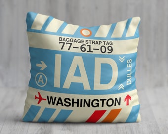 WASHINGTON D.C. Throw Pillow • IAD Airport Code • Travel Souvenir / Aviation Gift / Wanderlust Decor / Location Artwork / Vacation Memento
