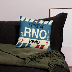 RENO Nevada Throw Pillow • RNO Airport Code • Travel Souvenir / Aviation Gift / Wanderlust Decor / Location Artwork / Vacation Memento