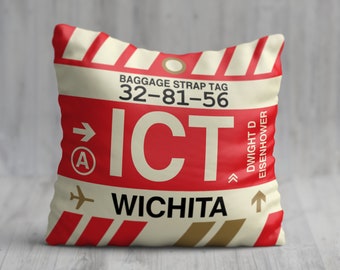 WICHITA Kansas Throw Pillow • ICT Airport Code • Travel Souvenir / Aviation Gift / Wanderlust Decor / Location Artwork / Vacation Memento