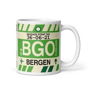 BERGEN Norway Coffee Mug • BGO Airport Code • Travel Souvenir / Aviation Gift / Wanderlust Memento / Location Artwork / Vacation Keepsake