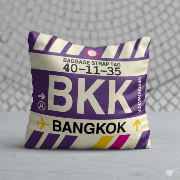 BANGKOK Throw Pillow • Vintage Baggage Tag Design with the BKK Airport Code • Perfect Souvenir Gift for Thailand Lovers