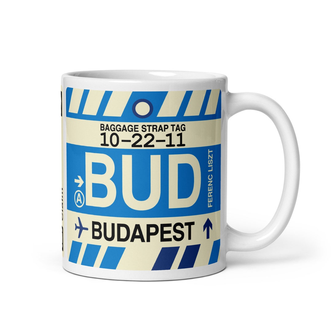 BUDAPEST Coffee Mug Vintage Baggage Tag Design With The BUD Airport budapest-coffee-mug-vintage-baggage-tag-design-with-the-bud-airport