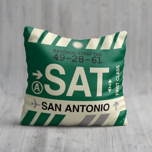 SAN ANTONIO Texas Throw Pillow • SAT Airport Code • Travel Souvenir / Aviation Gift / Wanderlust Decor / Location Artwork / Vacation Memento
