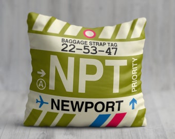 NEWPORT Rhode Island Throw Pillow • NPT Airport Code • Travel Souvenir / Aviation Gift / Wanderlust Decor / Location Art / Vacation Memento