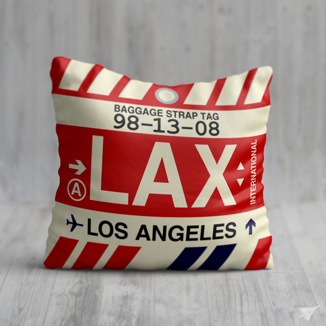 Coussin décoratif LOS ANGELES Design d'étiquette de bagage vintage avec