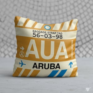 ARUBA Throw Pillow • AUA Airport Code • Travel Souvenir / Aviation Gift / Wanderlust Decor / Location Artwork / Vacation Memento