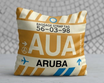 ARUBA Throw Pillow • AUA Airport Code • Travel Souvenir / Aviation Gift / Wanderlust Decor / Location Artwork / Vacation Memento