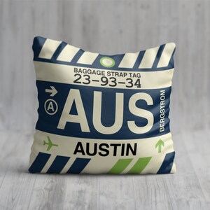 AUSTIN Texas Throw Pillow • AUS Airport Code • Travel Souvenir / Aviation Gift / Wanderlust Decor / Location Artwork / Vacation Memento