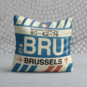 BRUSSELS Belgium Throw Pillow • BRU Airport Code • Travel Souvenir / Aviation Gift / Wanderlust Decor / Location Artwork / Vacation Memento