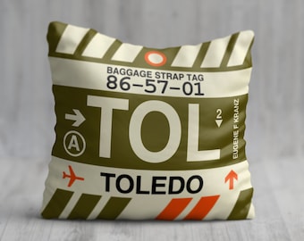 TOLEDO Ohio Throw Pillow • TOL Airport Code • Travel Souvenir / Aviation Gift / Wanderlust Decor / Location Artwork / Vacation Memento