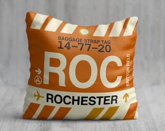 ROCHESTER New York Throw Pillow • ROC Airport Code • Travel Souvenir / Aviation Gift / Wanderlust Decor / Location Art / Vacation Memento