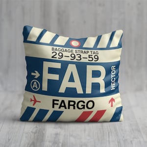 FARGO North Dakota Throw Pillow • FAR Airport Code • Travel Souvenir / Aviation Gift / Wanderlust Decor / Location Art / Vacation Memento