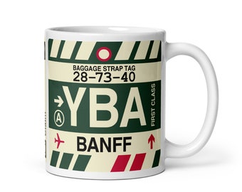 BANFF Alberta Coffee Mug • YBA Airport Code • Travel Souvenir / Aviation Gift / Wanderlust Memento / Location Artwork / Vacation Keepsake