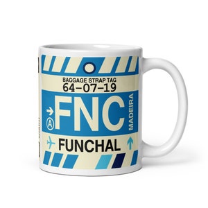 FUNCHAL Coffee Mug • Vintage Baggage Tag Design with the FNC Airport Code • Perfect Souvenir Gift for Madeira Lovers