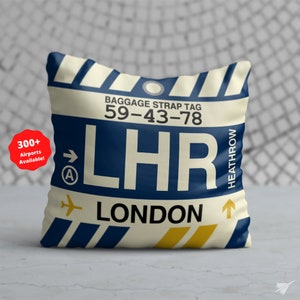 LONDON Throw Pillow • Vintage Baggage Tag Design with the LHR (Heathrow) Airport Code • Perfect Souvenir Gift for England Lovers