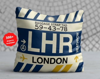 LONDON Throw Pillow • Vintage Baggage Tag Design with the LHR (Heathrow) Airport Code • Perfect Souvenir Gift for England Lovers