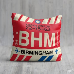 BIRMINGHAM Alabama Throw Pillow • BHM Airport Code • Travel Souvenir / Aviation Gift / Wanderlust Decor / Location Art / Vacation Memento