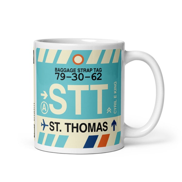 ST. THOMAS Coffee Mug • Vintage Baggage Tag Design With the STT Airport Code • U.S. Virgin Islands Souvenir & Gift Idea