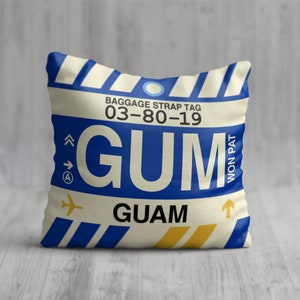 GUAM Throw Pillow • GUM Airport Code • Travel Souvenir / Aviation Gift / Wanderlust Decor / Location Artwork / Vacation Memento