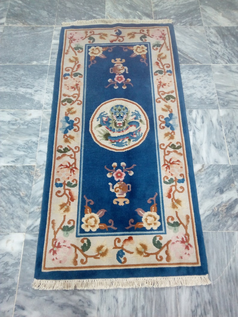 Vintage Chinese Wool Rug Blue Chinese Rug 140x70 CM 4.5 x Etsy