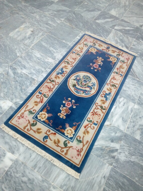 Vintage Chinese Wool Rug Blue Chinese Rug 140x70 CM 4.5 x Etsy