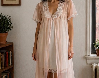 Vintage 1970s Sheer Peach Nylon Robe, Lace Trim Romantic Sheer Nightwear, Medium