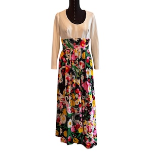 1970s Flower Power Long Dress: Rhinestone Waistband, Scoop Neck - Small