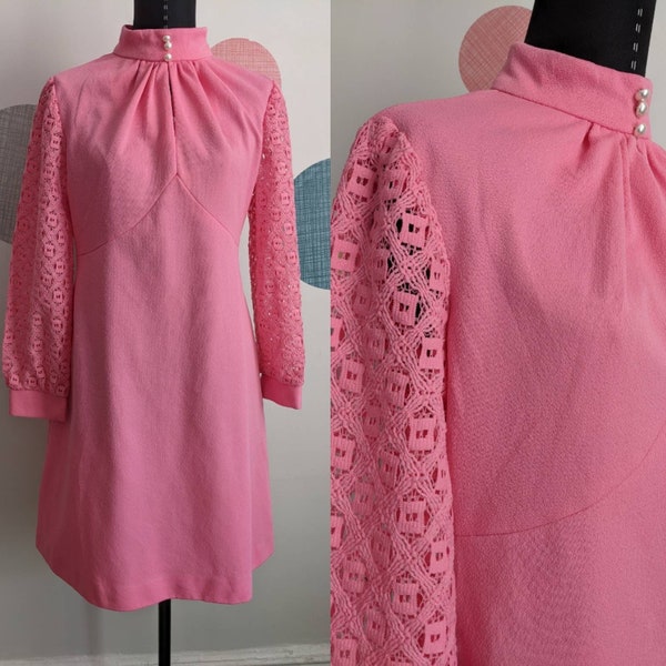 1960s Vintage Pink Keyhole Dress, Lace Sleeve Vintage Pink 1960s Vintage Dress, Small