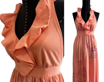 1970s Vintage Halter Dress, Orange 70s Vintage Halter Dress, Flower Power 1970s Ruffle Halter Long Dress, X Small
