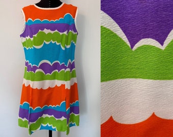 Vintage Flutterbye Tunic Dress, 1960s Vintage Mod Flutterbye Colors Dress, Flutterbye Sleeveless Wild 60s Colors Dress, Medium/Large