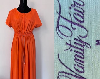 Vanity Fair Vintage Loungewear, 1970s Lounging Robe, Short Sleeve Orange Long Lounger, Size Medium