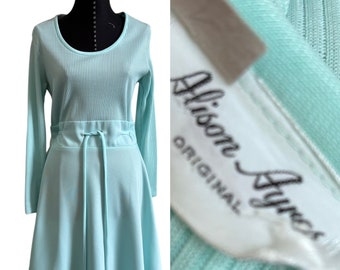 1960's Alison Ayres Aqua Long Sleeve Dress, 1960s Vintage Aqua Blue Mod Dress, Vintage 1960s Dress Swing Dress, Size 14