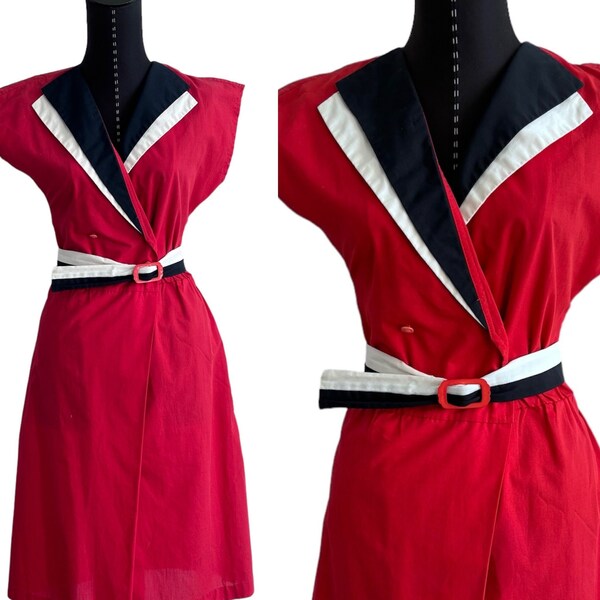 Vintage Red and Black Dress, Belted 1980s/1940s Style Dress, Wing Collar Red and Black Vintage Dress, Small