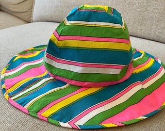 Vintage Floppy Beach Hat, 1960s Hippie Cotton Beach Hat, 60s Women's Vintage BoHo Fabric Striped Hat