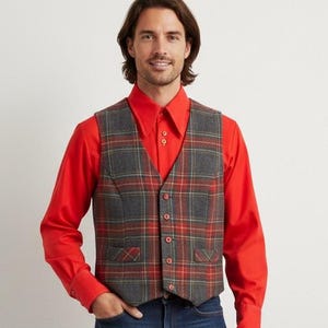 1960s Mens Jelina Plaid Vest, Red Gray Tartan, Button Front