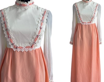 1970s Vintage Long Dress, 70s Orange Bridesmaid With Flowers Dress, Long Sleeve 1970s Romantic Bridesmaid Dress
