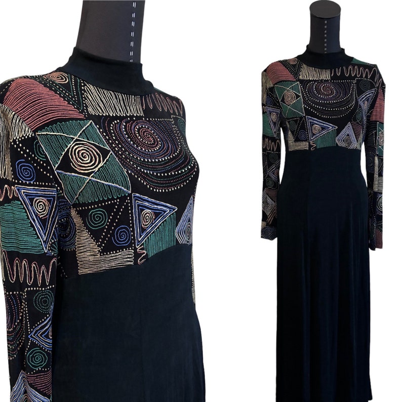 1980s Vintage Citi Long Sleeve Slinky Black and Gold Dress, 80s Vintage Black Stretch Geometric Design Long Dress, Citi Dress, Size 6 image 3
