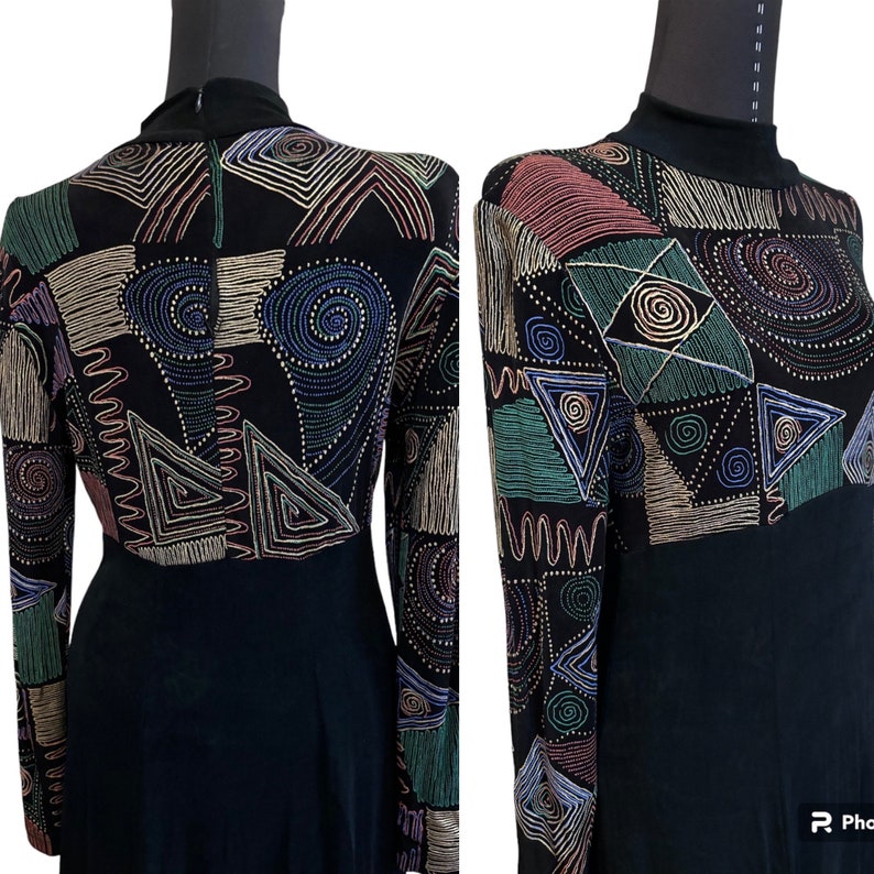 1980s Vintage Citi Long Sleeve Slinky Black and Gold Dress, 80s Vintage Black Stretch Geometric Design Long Dress, Citi Dress, Size 6 image 5