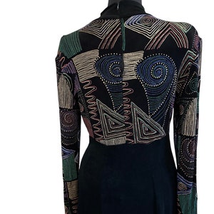 1980s Vintage Citi Long Sleeve Slinky Black and Gold Dress, 80s Vintage Black Stretch Geometric Design Long Dress, Citi Dress, Size 6 image 7